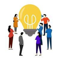 o negócio encontro e debate, o negócio conceito para trabalho em equipe, olhando para Novo soluções, pequeno pessoas olhando às grande luz lâmpada para ideias-vetor. plano vetor ilustração em uma branco fundo.