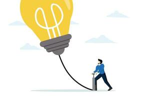 o negócio melhoria e crescimento conceito. homem de negocios inflar uma luz lâmpada placa balão. o negócio estratégia, ideia, investimento, fortuna, gerenciamento, plano vetor ilustração em uma branco fundo.