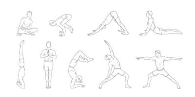 ioga asana definir. conjunto do homens exercício ioga ilustrações. mão desenhado esboço vetor ilustração isolado em branco fundo