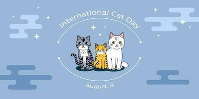 internacional gato dia bandeira com três fofa gatos em uma noite céu fundo, gato dia convite, celebração do agosto 8. vetor