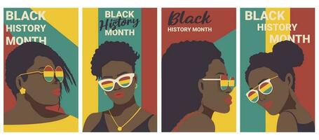 minimalista conjunto cartazes do vetor retratos à moda mulher com óculos. Preto história mês e africano americano história. bem arte e vetor arte.