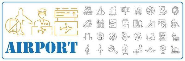 aeroporto linha ícones e símbolos ícone definir, avião, transporte, sinal, objeto. verão viagem voar turista. vetor