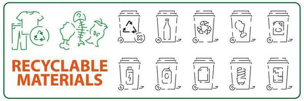 ilustração Lixo categorias com orgânico, papel, plástico, vidro, metal, lixo eletrônico e misturado desperdício com reciclando bins. reciclável material. linha ícone larguras estão editável dentro separado camada. vetor