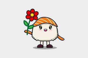 personagem de sushi bonito dos desenhos animados segurando flor vermelha vetor