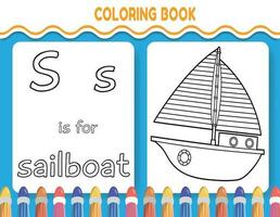 crianças alfabeto coloração livro página com delineado clipart para cor. a carta s é para barco a vela. vetor