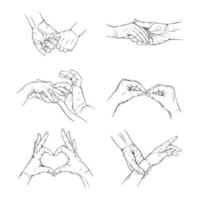 conjunto mão amor, romance, casal, amor, namorados coleção desenhado gesto esboço vetor ilustração linha arte