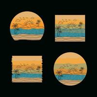 retro pôr do sol de praia camiseta Projeto pronto modelo gráficos vetor ilustração, anos 90 angustiado vintage, verão período de férias com Palma árvores Distintivos, Anos 70 velho colorida estilo, nascer do sol brilho do sol onda tela de pintura