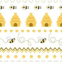 desatado padronizar com abelha querida coração fez dentro amarelo cores fofa fundo dentro crianças desenho animado estilo vetor ilustração. tecido têxtil Projeto para bebê ou menina pano papel de parede embrulho cobrir embrulhar pacote