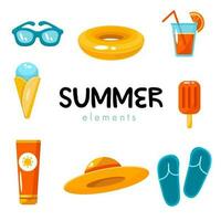 verão elemento conjunto com gelo creme, oculos de sol, coquetel, protetor solar, chapéu vetor