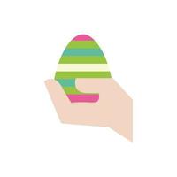 mão levantando ovo de páscoa pintado com listras estilo simples vetor