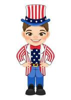 americano Garoto retrato a comemorar 4º do Julho independência dia com fantasia, vestindo tio sam chapéu, plano ícone estilo vetor
