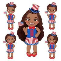 conjunto do americano africano meninas retrato a comemorar 4º do Julho independência dia com fantasia, segurando bandeiras, plano ícone estilo vetor