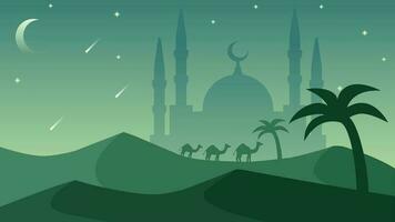 islâmico panorama vetor ilustração. mesquita silhueta dentro a deserto com noite céu. fundo panorama para islamismo religião e muçulmano fé. papel de parede Projeto do deserto com mesquita silhueta