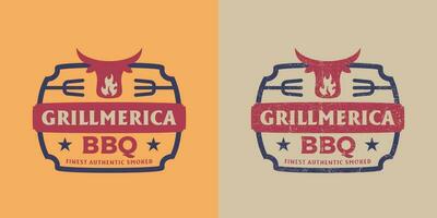 grillmerica churrasco bife grelhar vintage crachá logotipo emblema elegante limpar \ limpo e grunge angustiado vetor