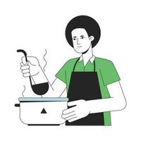 homem cozinhando plano linha cor vetor personagem. editável esboço metade corpo jovem pessoa segurando concha em branco. todo dia atividade simples desenho animado local ilustração para rede gráfico Projeto