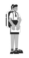 bonita africano americano menina plano linha Preto branco vetor personagem. editável esboço cheio corpo adolescente dentro escola uniforme com mochila. simples desenho animado isolado local ilustração para rede gráfico Projeto