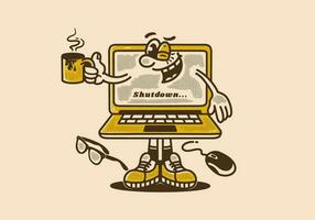 mascote personagem Projeto do uma computador portátil segurando uma café caneca vetor