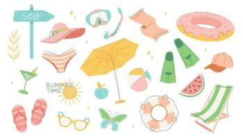 vetor horário de verão conjunto com verão Itens guarda-chuva, snorkel mascarar e snorkel, chinelos, gelo creme, coquetel, oculos de sol, chapéu, boné, natação círculo. rabisco desenho animado vetor ilustração