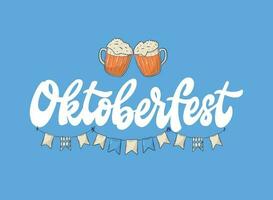 oktoberfest mão letras citar decorado com rabiscos do Cerveja óculos e guirlandas em azul fundo para convites, cartões, bandeiras, impressões, sinais, sublimação, cartazes, etc. eps 10 vetor