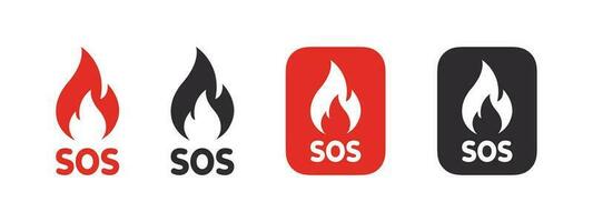 SOS emergência ícones. SOS sinais com chama ícone. Socorro serviço placa. vetor escalável gráficos