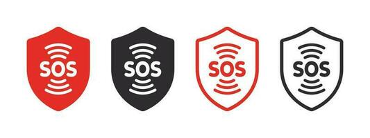 SOS emergência ícones. SOS sinais dentro a Formato do escudos. Socorro serviço placa. vetor escalável gráficos