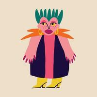 uma peculiar senhora com uma engraçado Penteado e colorida inventar. ilustração dentro uma elegante plano estilo para dia das Bruxas vetor