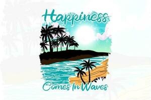 felicidade vem dentro ondas de praia t camisa impressão ilustração vetor