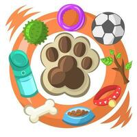cachorro pata impressão com vários cachorro temático animal objetos - futebol bola, bebendo garrafa, de madeira grudar, osso, colarinho, tigela e brinquedos - dentro laranja círculo - vetor ilustração