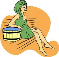 menina é sentado dentro toalha dentro banho, sauna é vapor Próximo para de madeira balde. spa descansar, água tratamentos. a banho atendente. vetor