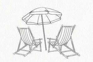 1 linha desenhando do de praia guarda-chuva e cadeira com verão vibração vetor