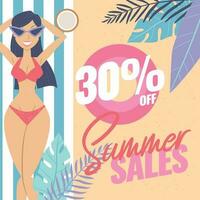colori verão venda poster com menina em bikini levando uma banho de sol vetor