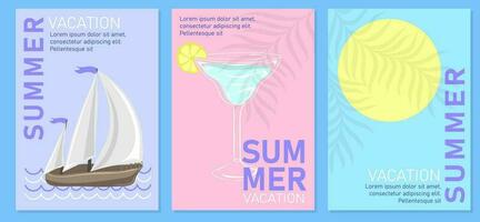moderno verão período de férias bandeiras, cartazes ou cartões com tropical folhas verão coquetel e barco. verão feriados e viagem conceito. na moda modelos dentro minimalista estilo vetor