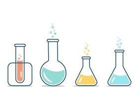 volta e fundo chato frascos, teste tubos com soluções e reagentes. químico reação. ilustração em a tema do química, biotecnologia, biologia. vetor