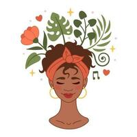 mental saúde conceito. sorridente afro americano mulher aceita, O amor é ela mesma. menina sente relaxado, confiante. flores crescer a partir de a mulher cabeça. felicidade, harmonia, positivo pensamento, auto Cuidado conceito. vetor
