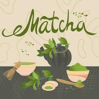 matcha verde chá cartão ou bandeira Projeto com chaleira e pequeno doce biscoitos, plano vetor ilustração. cardápio cobrir modelo para japonês ou chinês ásia matcha chá bebendo e fermentação.