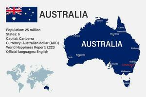 mapa da austrália altamente detalhado com bandeira, capital e um pequeno mapa do mundo vetor