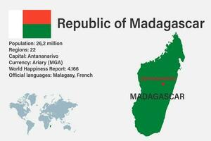 mapa de Madagascar altamente detalhado com bandeira, capital e um pequeno mapa do mundo vetor