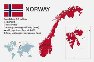mapa da Noruega altamente detalhado com bandeira, capital e pequeno mapa do mundo vetor