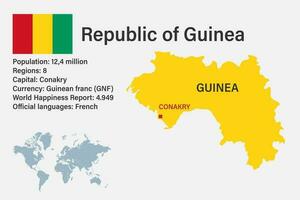 mapa da Guiné altamente detalhado com bandeira, capital e um pequeno mapa do mundo vetor