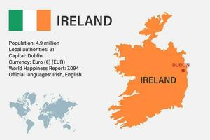 mapa altamente detalhado da Irlanda com bandeira, capital e um pequeno mapa do mundo vetor