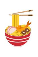 vetor ilustração do delicioso japonês ramen macarrão em tigela com plano estilo. tradicional ásia macarrão sopa. ramen com ovos e camarão. a Macarrão estão suspensão em Gravetos. Oriental cozinha.