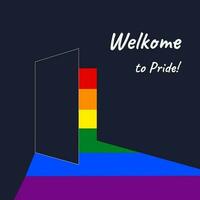 bandeira, poster com aberto porta e arco Iris luz e texto bem-vinda para orgulho vetor