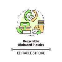 reciclável de base biológica plásticos conceito ícone. desperdício gerenciamento. biodegradável embalagem idéia fino linha ilustração. isolado esboço desenho. editável acidente vascular encefálico vetor