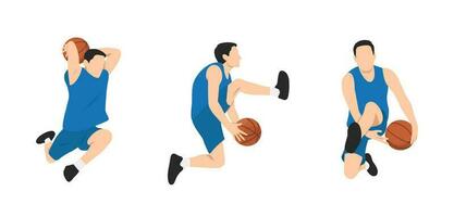 basquetebol jogador. grupo do 3 diferente basquetebol jogadoras dentro diferente jogando posições. vetor