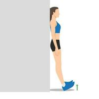 mulher fazendo pé flex canela exercício inclinado contra muro. vetor