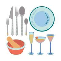 uma conjunto do cozinha utensílios, uma colher, uma garfo, uma faca, uma placa, uma argamassa e pilão, óculos para vinho. vetor