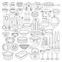 cozinha utensílios, colher, garfo, faca, chaleira, jarro, caneca, bata, concha, placa, tigela. linha arte. vetor
