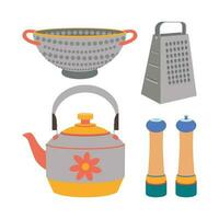 uma conjunto do cozinha utensílios, uma chaleira, uma escorredor de macarrão, ralador, sal e Pimenta agitador. vetor