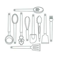 pratos uma conjunto do cozinha utensílios, uma concha, colheres, pinças, uma cozinha escovar, uma bata, uma espátula. linha arte. vetor