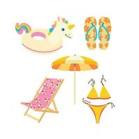 inflável círculo dentro a forma do uma unicórnio, chinelos, sandálias de dedo, a roupa de banho é separado, de praia cadeira, espreguiçadeira, guarda-chuva. vetor